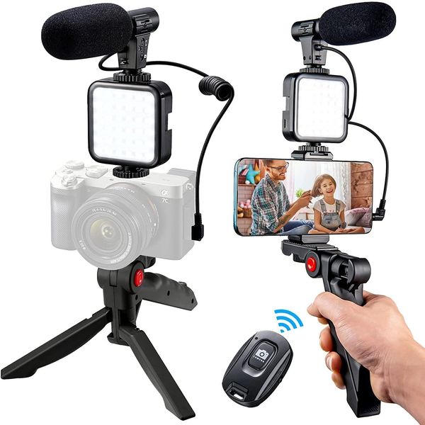 Premium Quality Vlogging Kit for Cameras & Phones | with Microphone, 36 LED Light, Smartphone Grip, Wireless Shutter Remote, Tripod